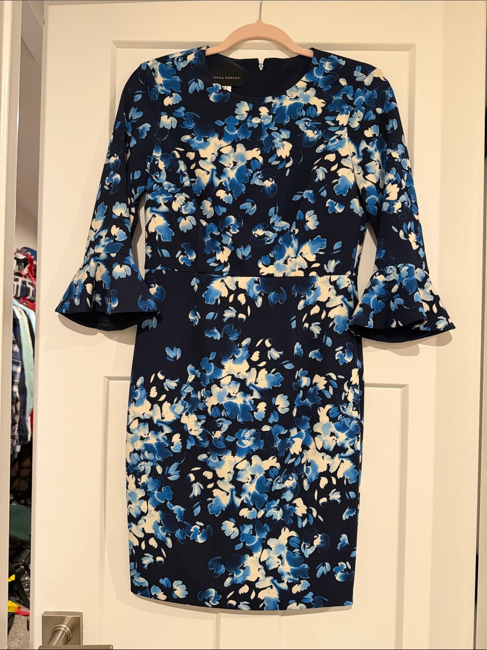 Donna Morgan Navy Floral Bell-Sleeve Sheath Dress